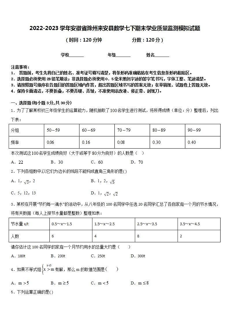 2022-2023学年安徽省滁州来安县数学七下期末学业质量监测模拟试题含答案第1页