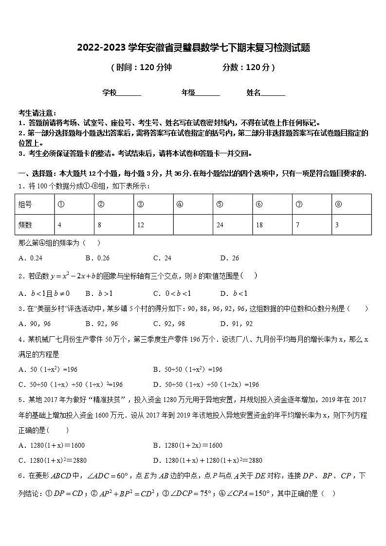 2022-2023学年安徽省灵璧县数学七下期末复习检测试题含答案第1页