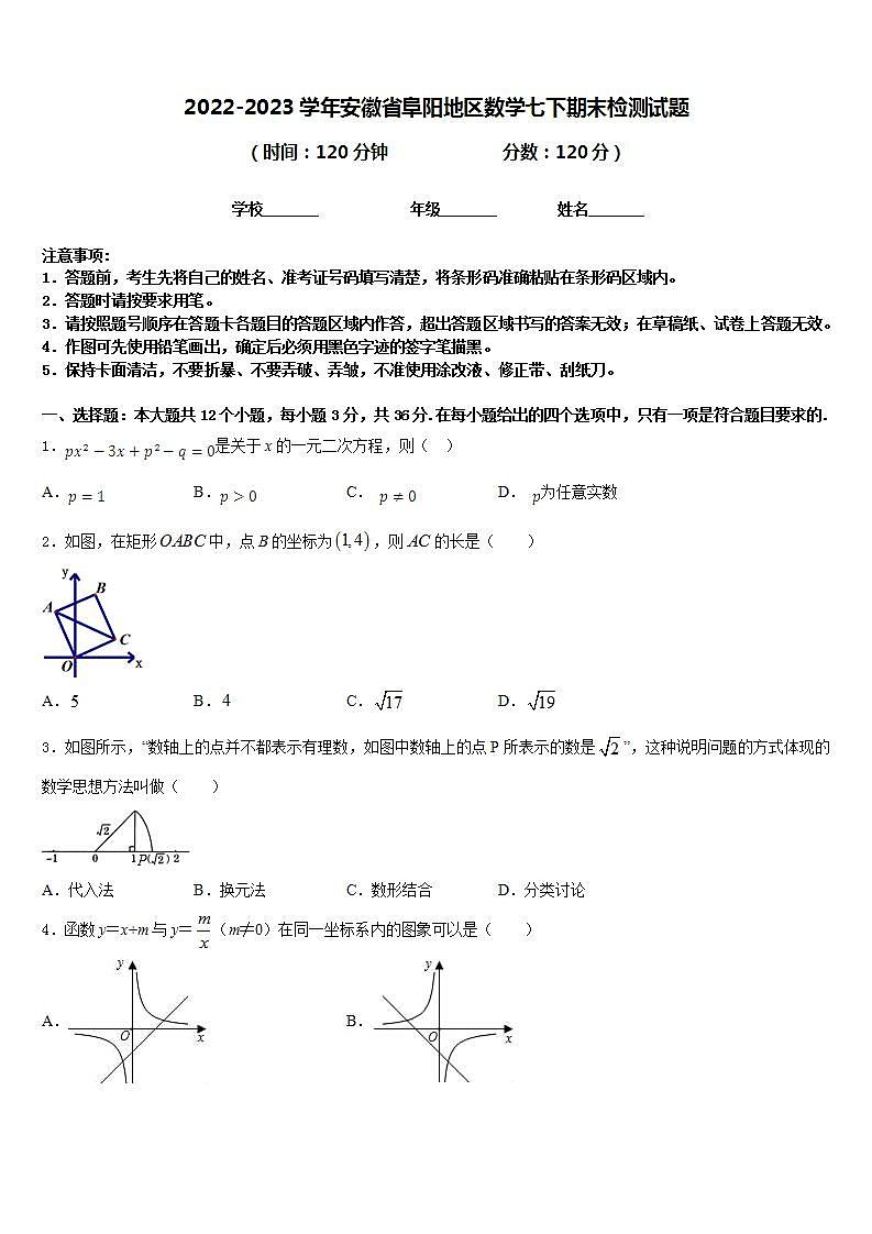 2022-2023学年安徽省阜阳地区数学七下期末检测试题含答案01