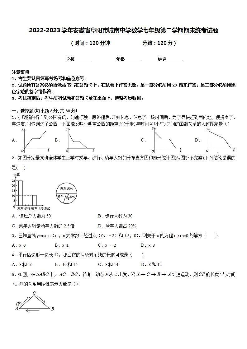 2022-2023学年安徽省阜阳市城南中学数学七年级第二学期期末统考试题含答案01