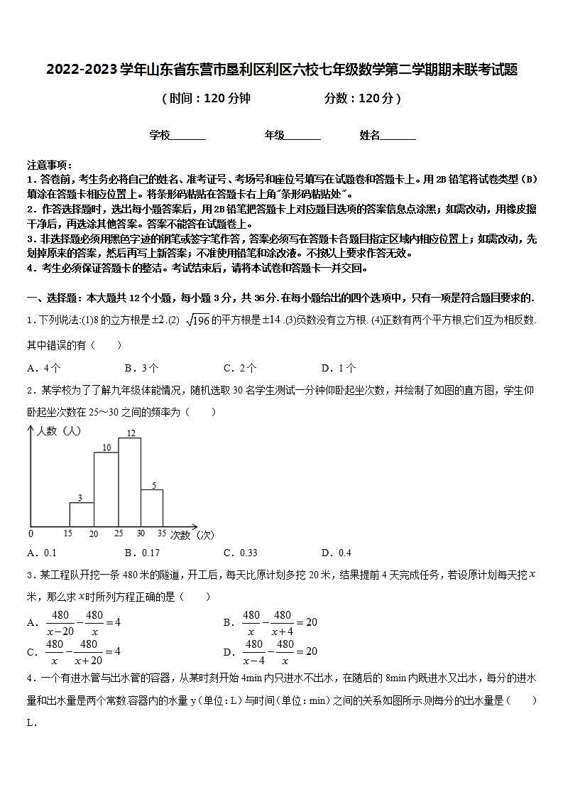 2022-2023学年山东省东营市垦利区利区六校七年级数学第二学期期末联考试题含答案01