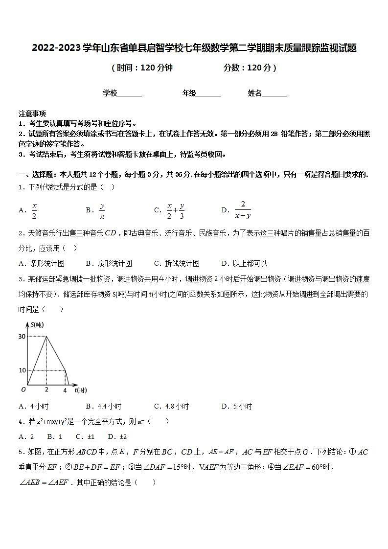 2022-2023学年山东省单县启智学校七年级数学第二学期期末质量跟踪监视试题含答案第1页