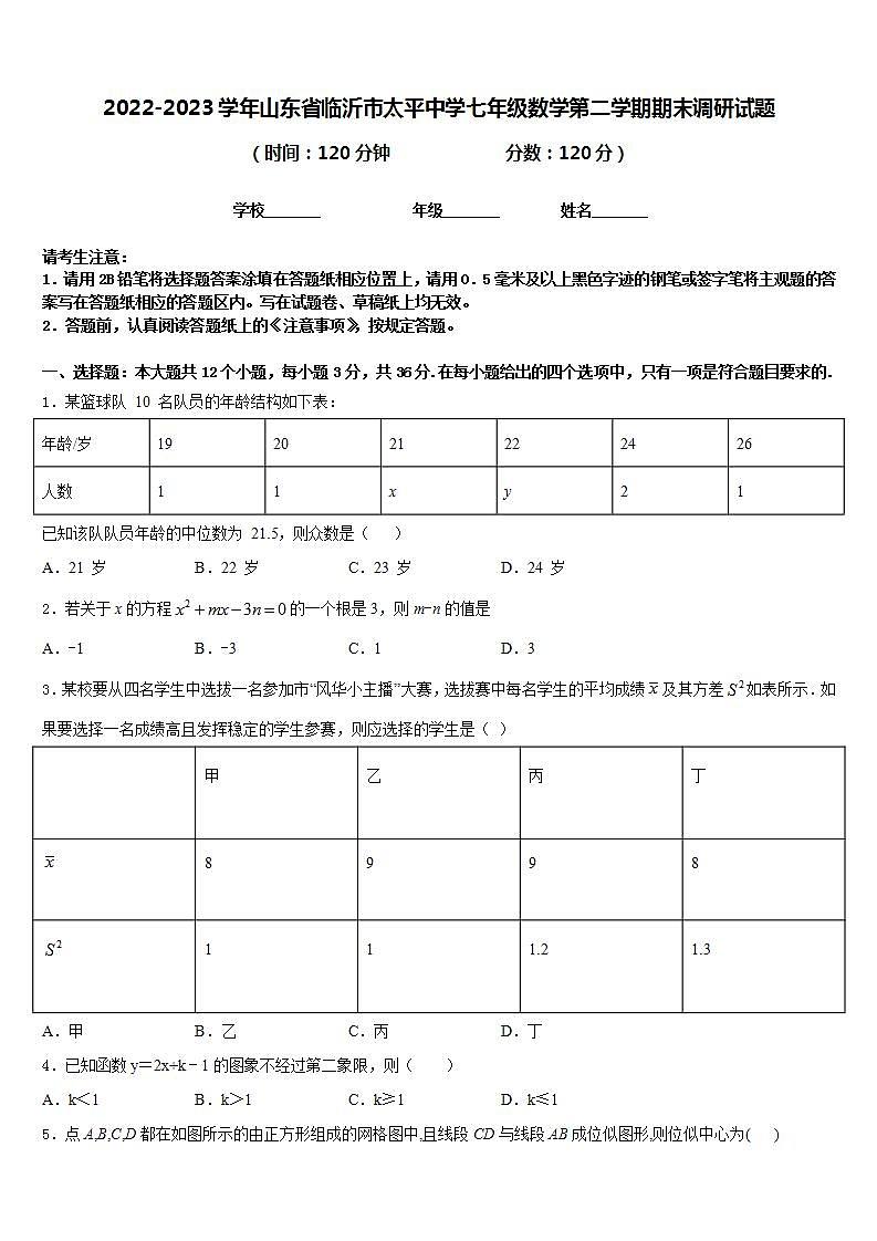 2022-2023学年山东省临沂市太平中学七年级数学第二学期期末调研试题含答案第1页