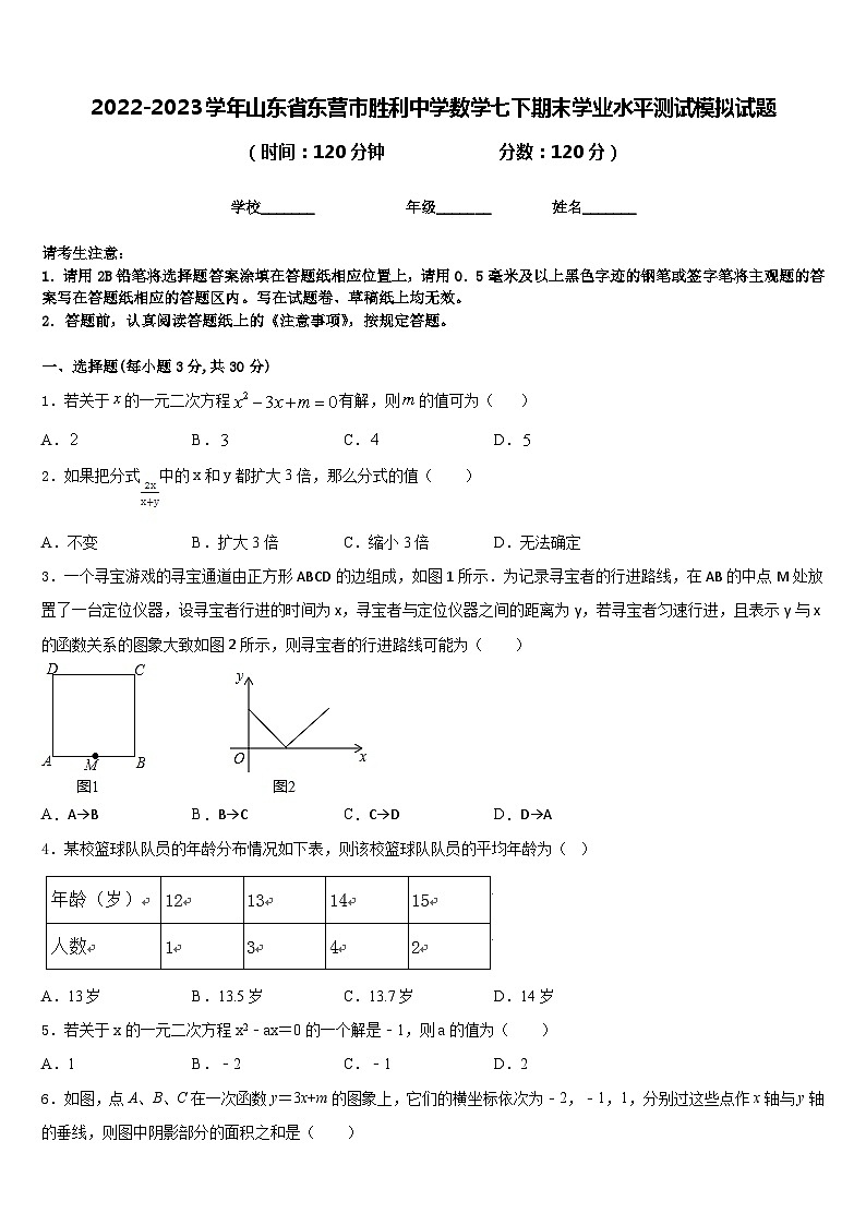 2022-2023学年山东省东营市胜利中学数学七下期末学业水平测试模拟试题含答案01