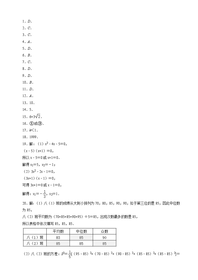 数学（人教版） - 2023年新九年级开学摸底考试卷01
