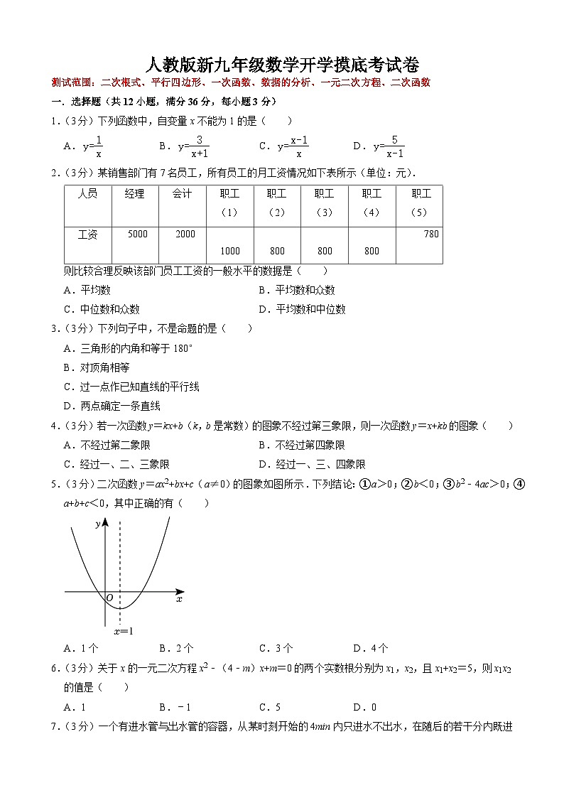 数学（人教版） - 2023年新九年级开学摸底考试卷01