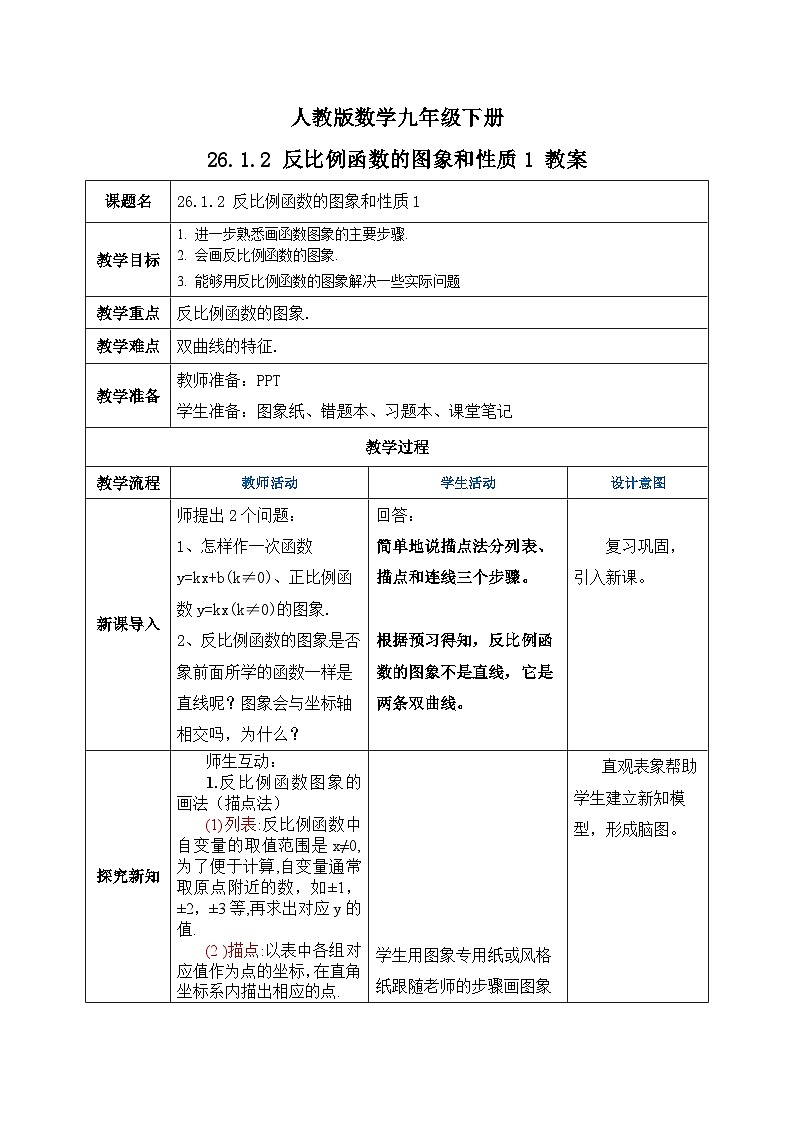 人教版数学九年级下册 26.1.2.1 《反比例函数的图象和性质1》 课件+教案+分层练习+预习案01
