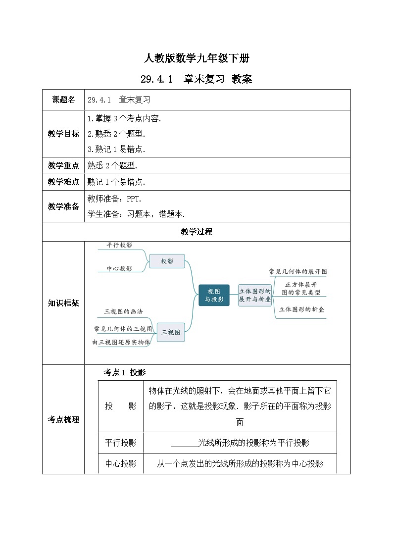 人教版数学九年级下册 29.4.1 《章末复习》 课件+教案+分层练习+预习案01