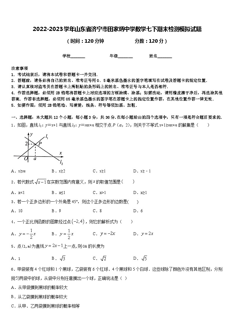 2022-2023学年山东省济宁市田家炳中学数学七下期末检测模拟试题含答案01