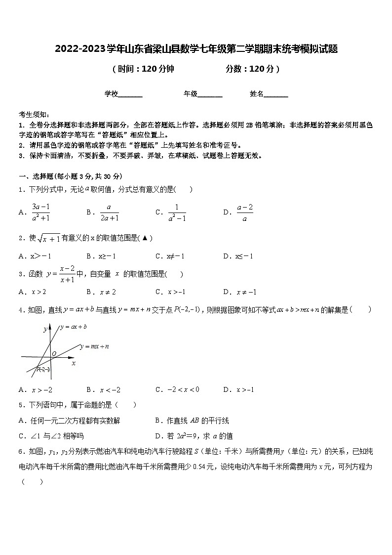 2022-2023学年山东省梁山县数学七年级第二学期期末统考模拟试题含答案第1页
