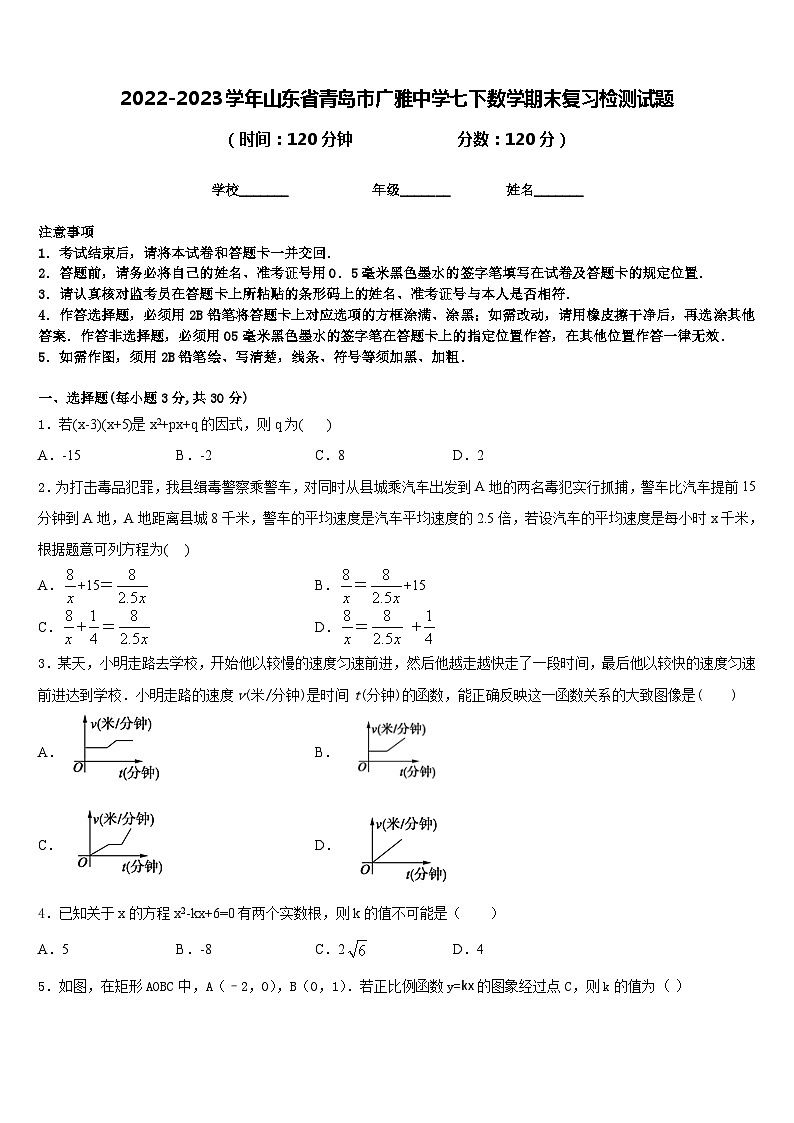 2022-2023学年山东省青岛市广雅中学七下数学期末复习检测试题含答案第1页