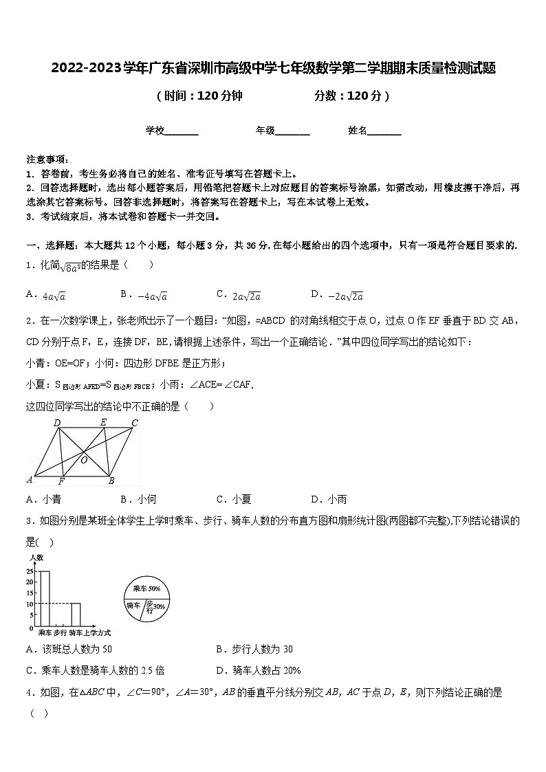 2022-2023学年广东省深圳市高级中学七年级数学第二学期期末质量检测试题含答案第1页