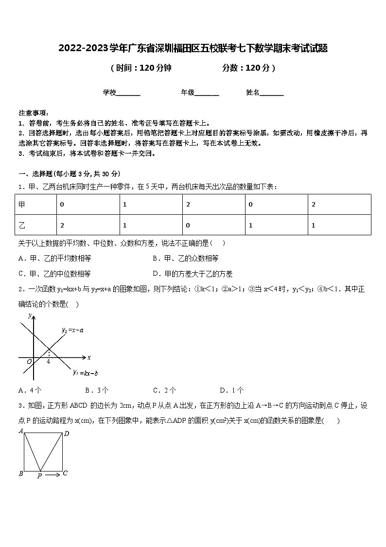 2022-2023学年广东省深圳福田区五校联考七下数学期末考试试题含答案第1页