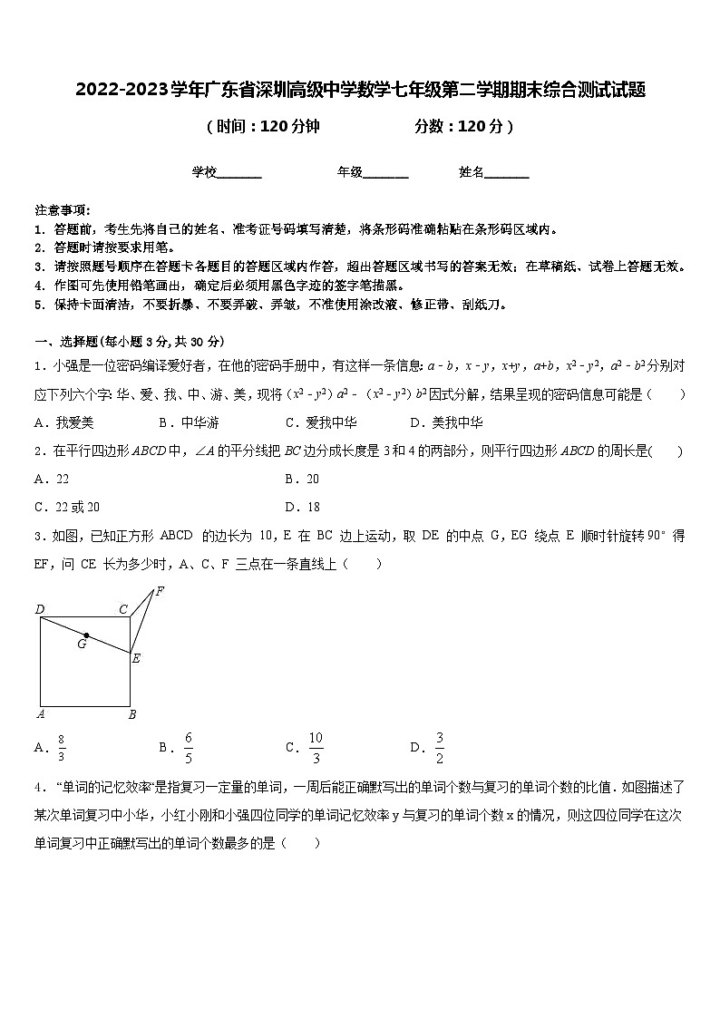 2022-2023学年广东省深圳高级中学数学七年级第二学期期末综合测试试题含答案第1页