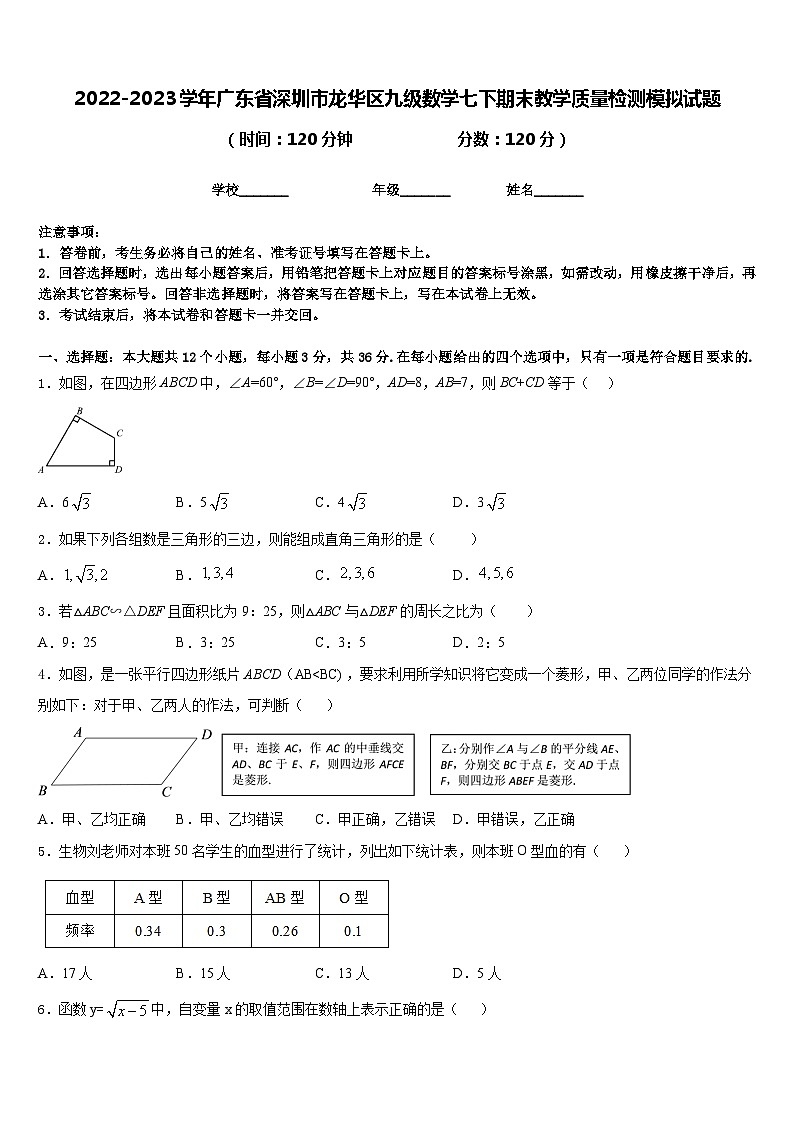 2022-2023学年广东省深圳市龙华区九级数学七下期末教学质量检测模拟试题含答案第1页