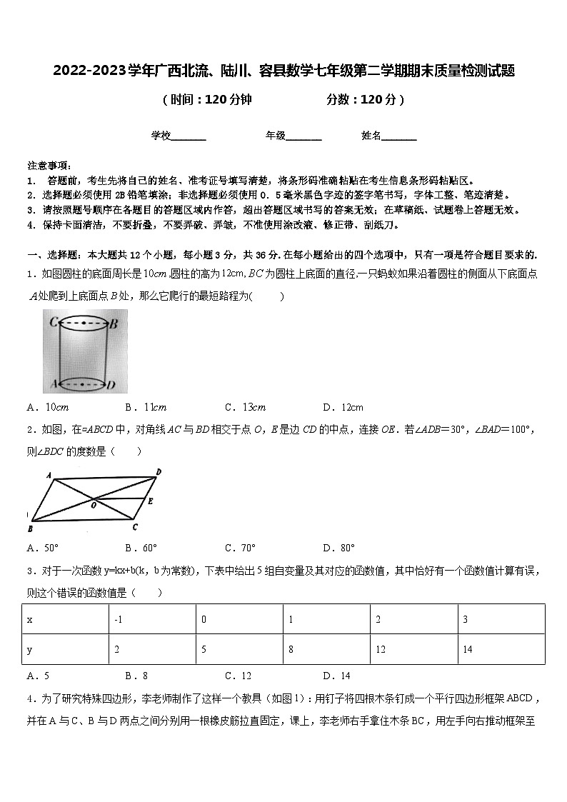 2022-2023学年广西北流、陆川、容县数学七年级第二学期期末质量检测试题含答案01