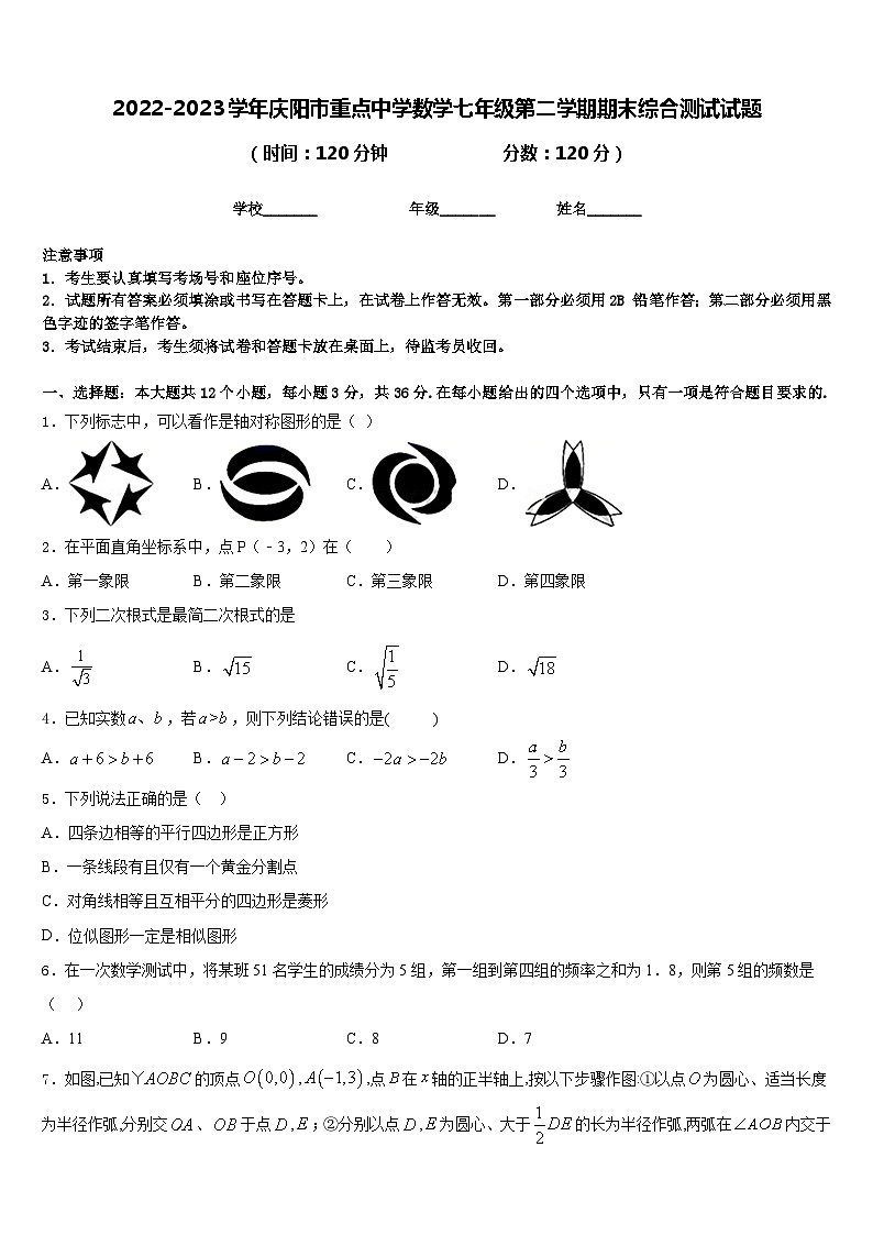 2022-2023学年庆阳市重点中学数学七年级第二学期期末综合测试试题含答案01