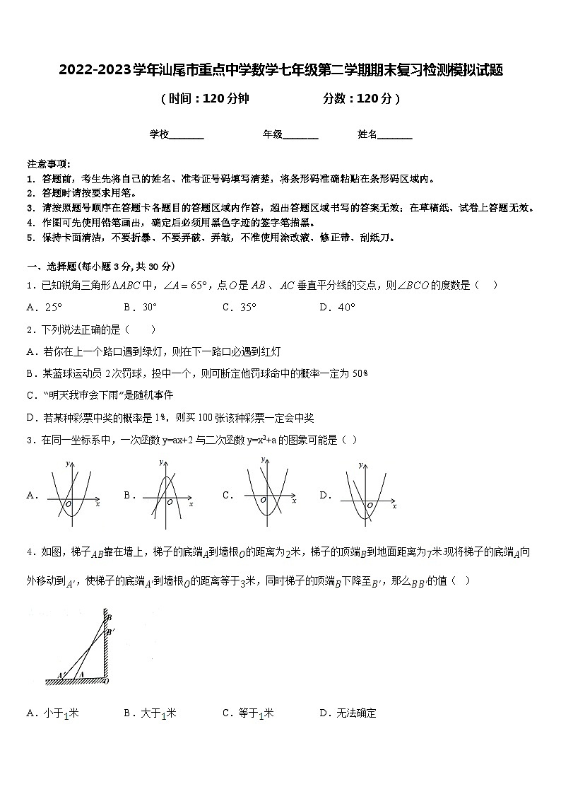 2022-2023学年汕尾市重点中学数学七年级第二学期期末复习检测模拟试题含答案第1页