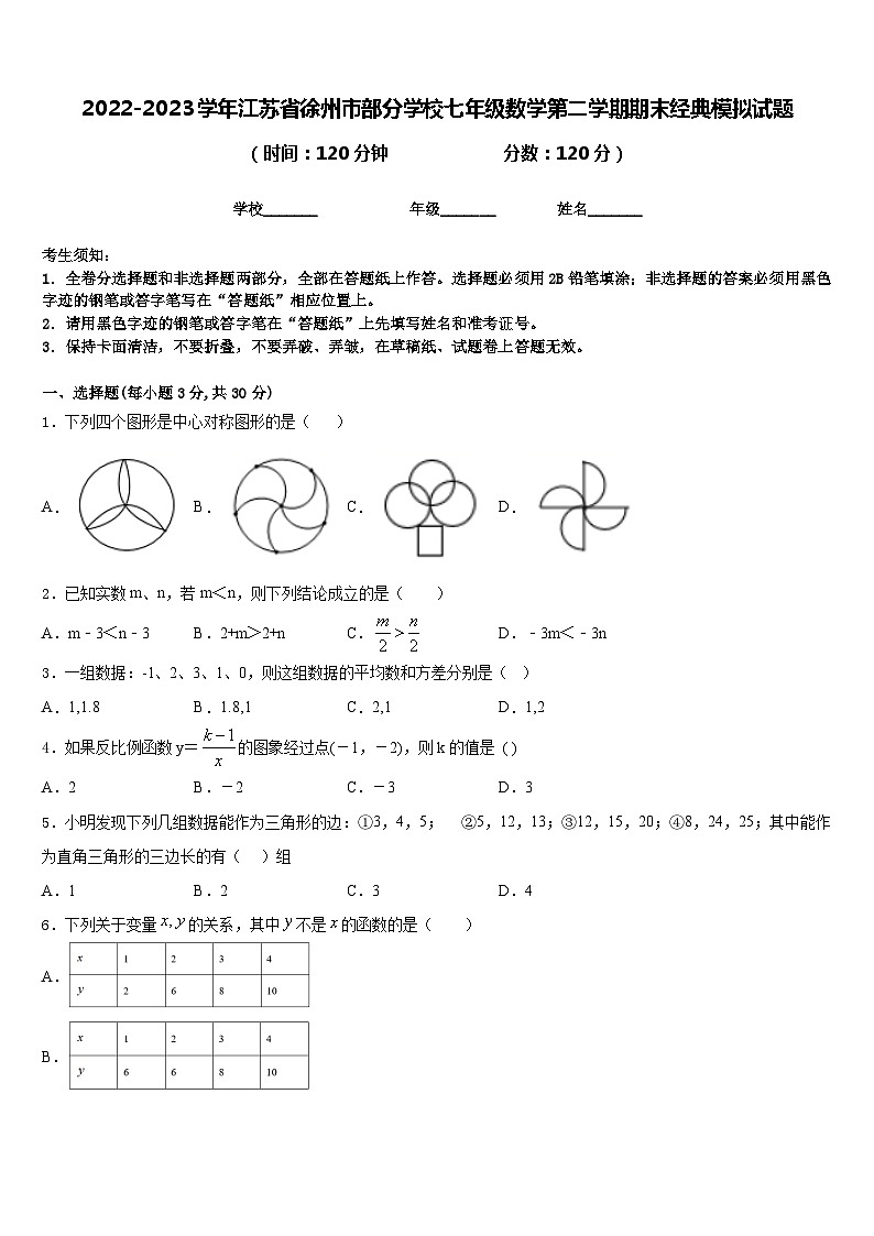 2022-2023学年江苏省徐州市部分学校七年级数学第二学期期末经典模拟试题含答案第1页
