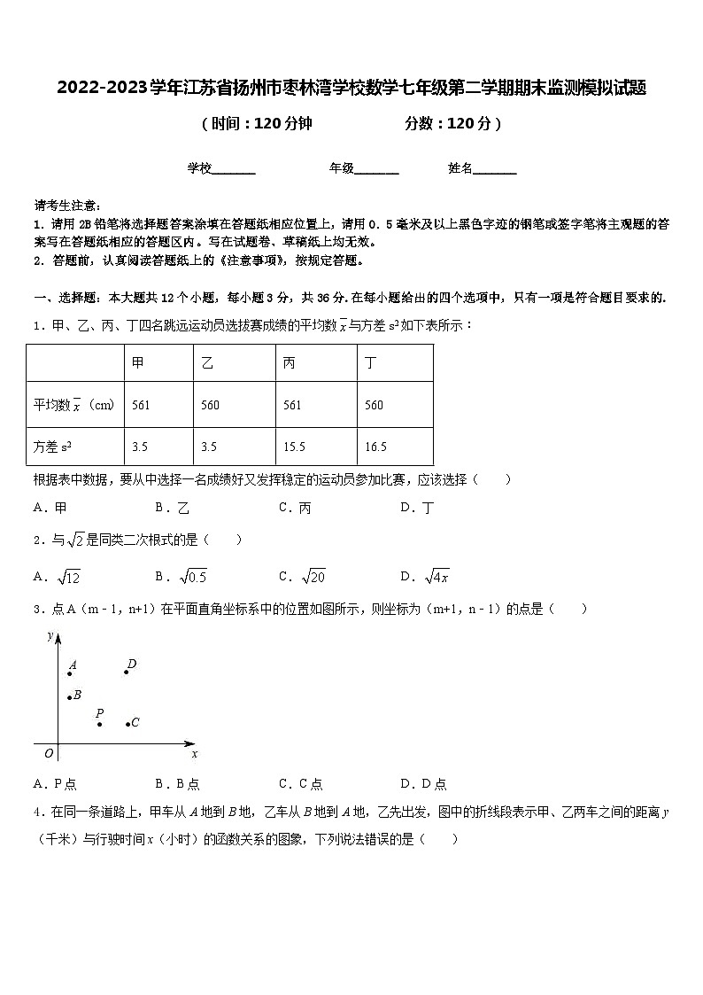 2022-2023学年江苏省扬州市枣林湾学校数学七年级第二学期期末监测模拟试题含答案第1页