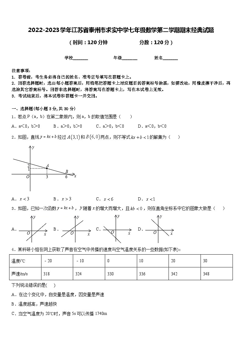 2022-2023学年江苏省泰州市求实中学七年级数学第二学期期末经典试题含答案第1页