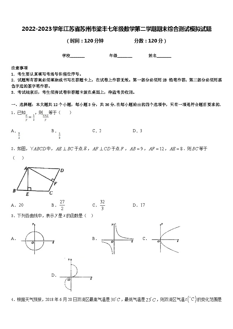 2022-2023学年江苏省苏州市梁丰七年级数学第二学期期末综合测试模拟试题含答案01
