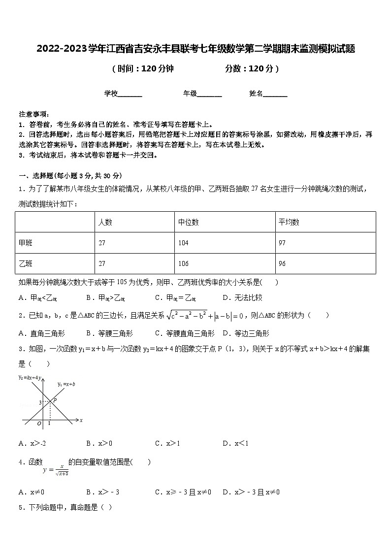 2022-2023学年江西省吉安永丰县联考七年级数学第二学期期末监测模拟试题含答案01