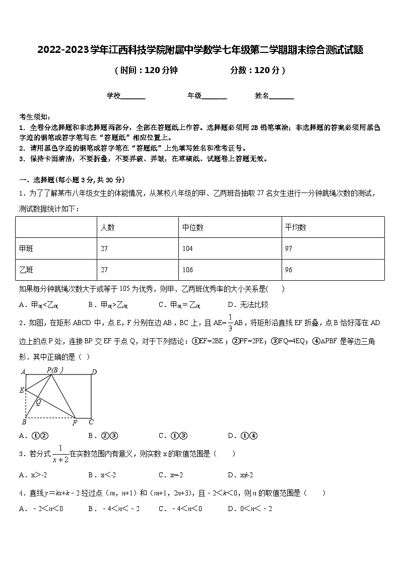 2022-2023学年江西科技学院附属中学数学七年级第二学期期末综合测试试题含答案第1页