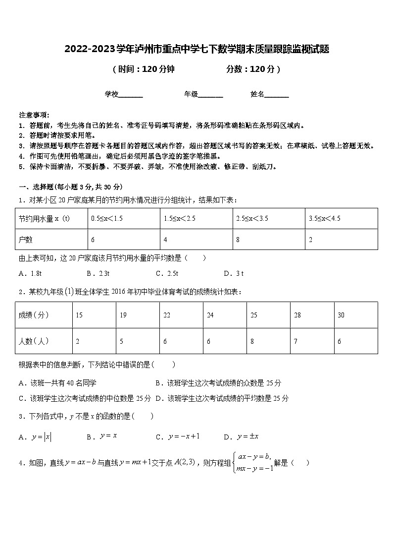 2022-2023学年泸州市重点中学七下数学期末质量跟踪监视试题含答案01