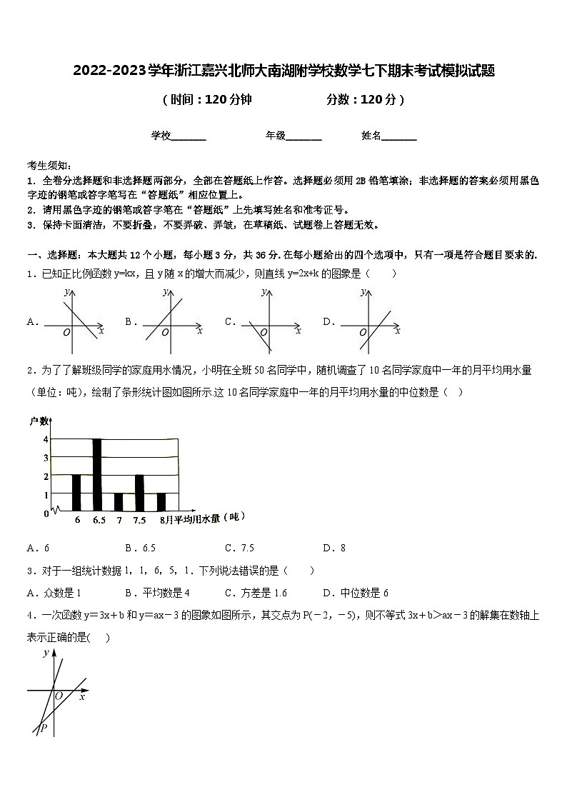 2022-2023学年浙江嘉兴北师大南湖附学校数学七下期末考试模拟试题含答案第1页