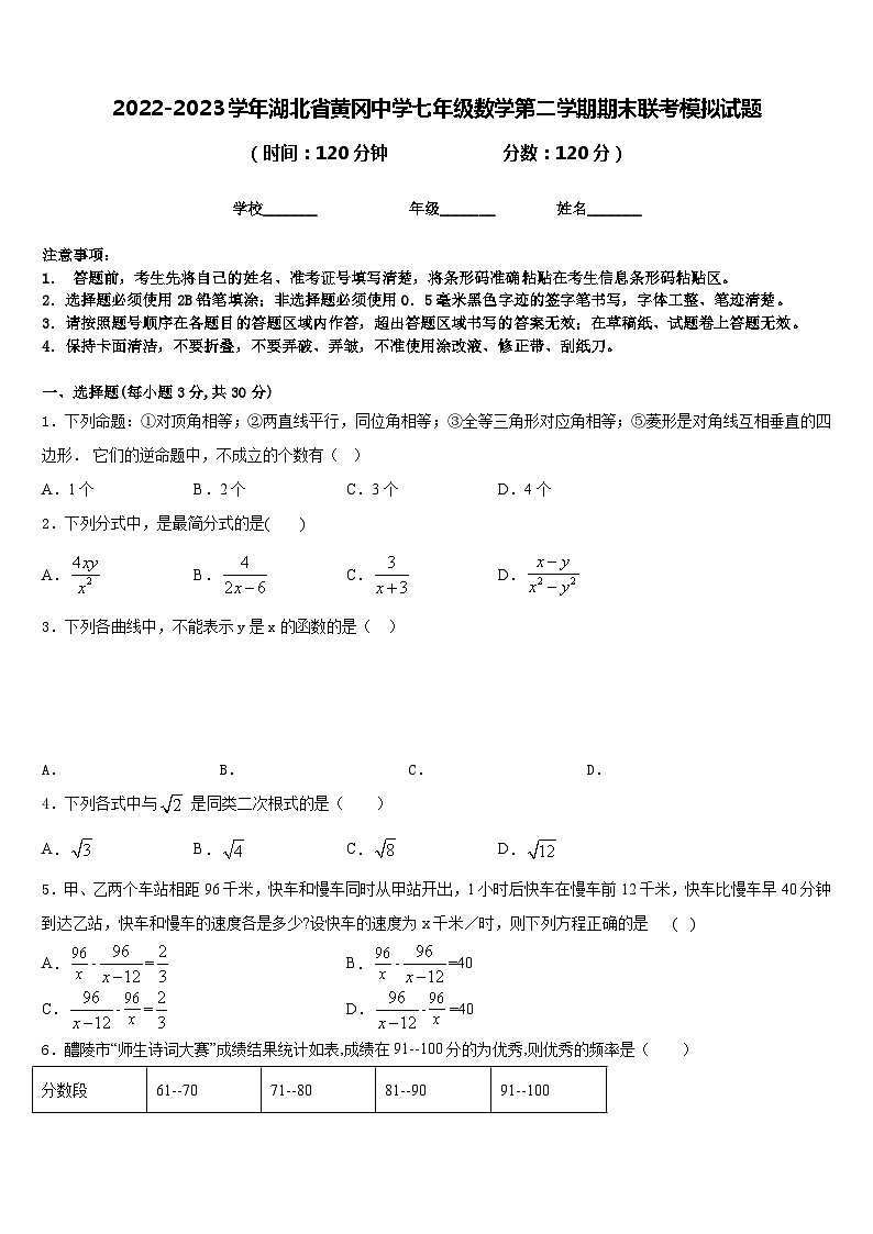 2022-2023学年湖北省黄冈中学七年级数学第二学期期末联考模拟试题含答案第1页