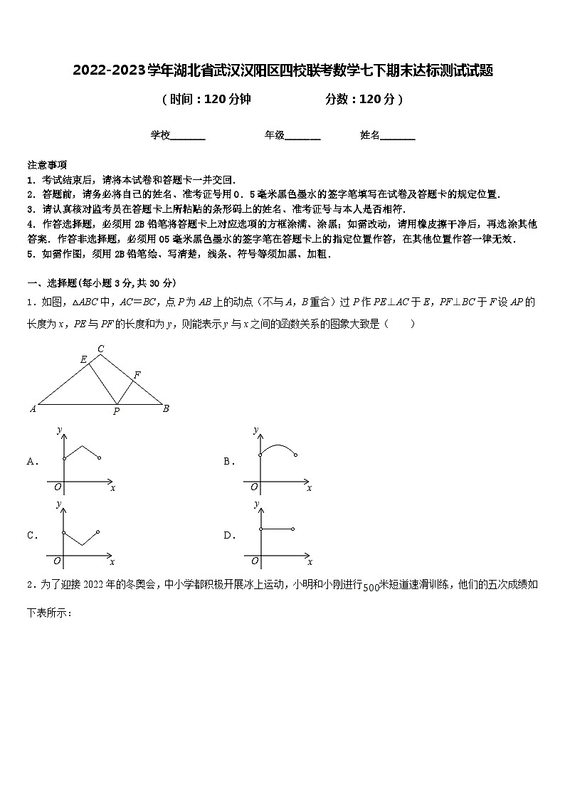 2022-2023学年湖北省武汉汉阳区四校联考数学七下期末达标测试试题含答案01