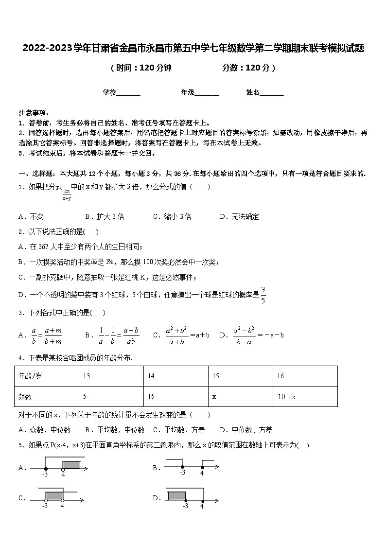 2022-2023学年甘肃省金昌市永昌市第五中学七年级数学第二学期期末联考模拟试题含答案第1页