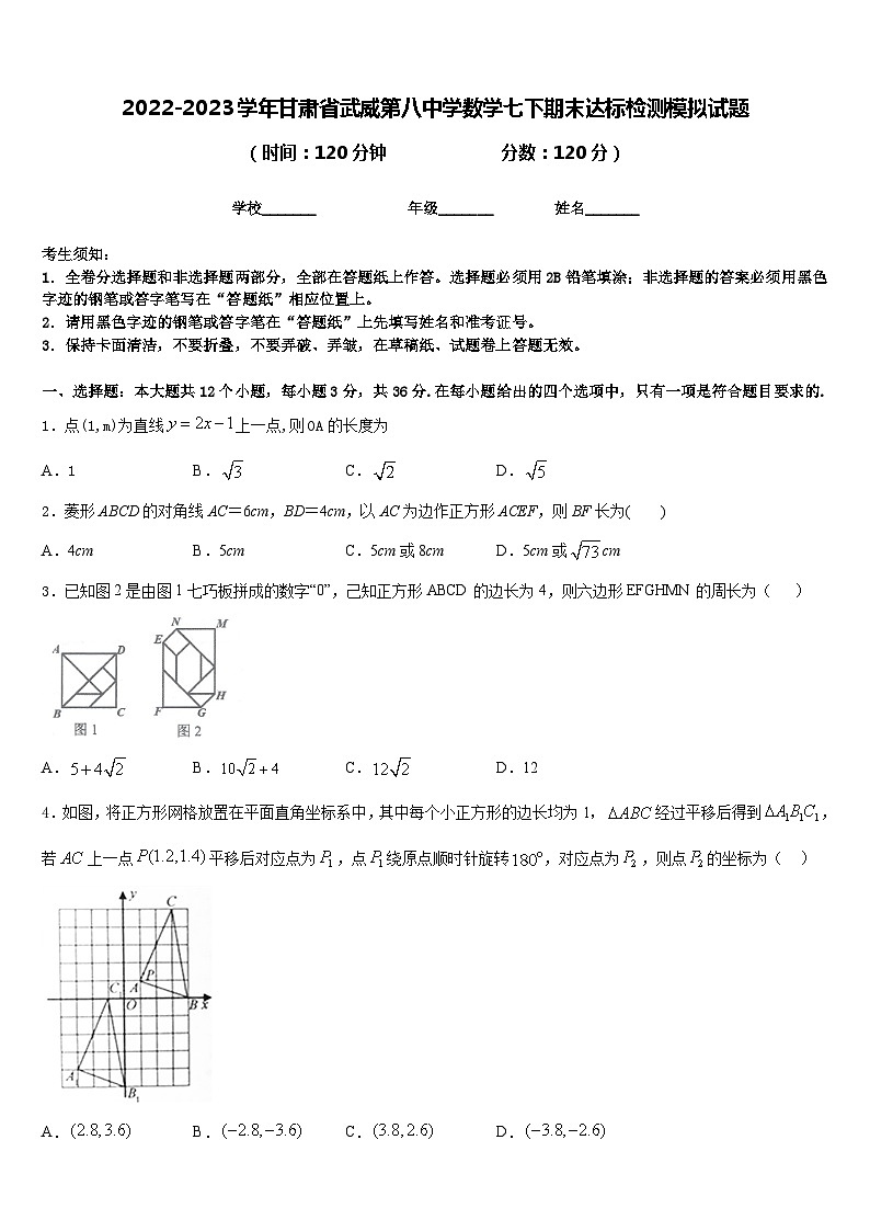 2022-2023学年甘肃省武威第八中学数学七下期末达标检测模拟试题含答案第1页