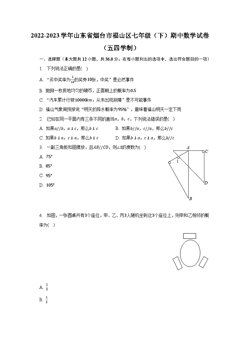 2022-2023学年山东省烟台市福山区七年级（下）期中数学试卷（五四学制）（含解析）第1页