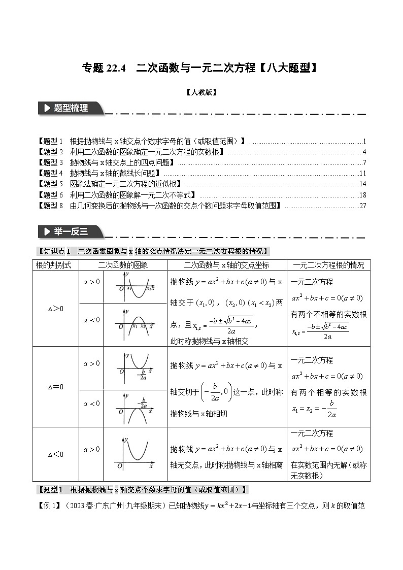 专题22.4 二次函数与一元二次方程【八大题型】-2023-2024学年九年级数学上册举一反三系列（人教版）01