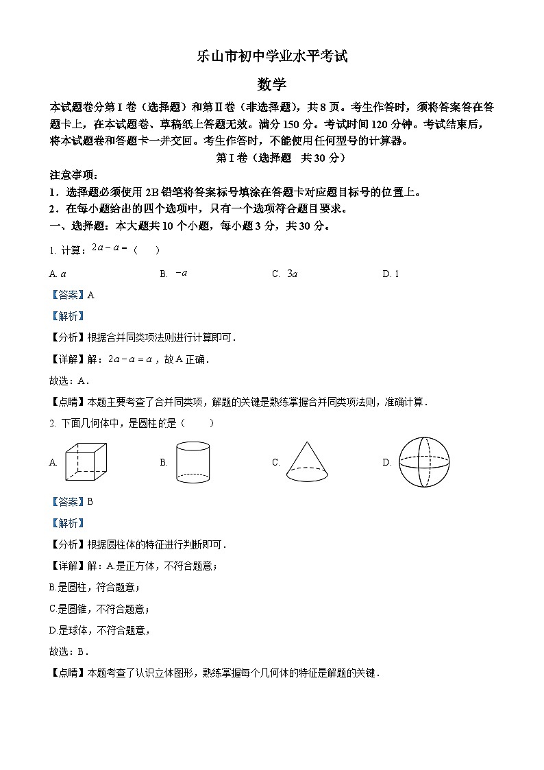 四川省乐山市中考数学真题 （解析版）第1页
