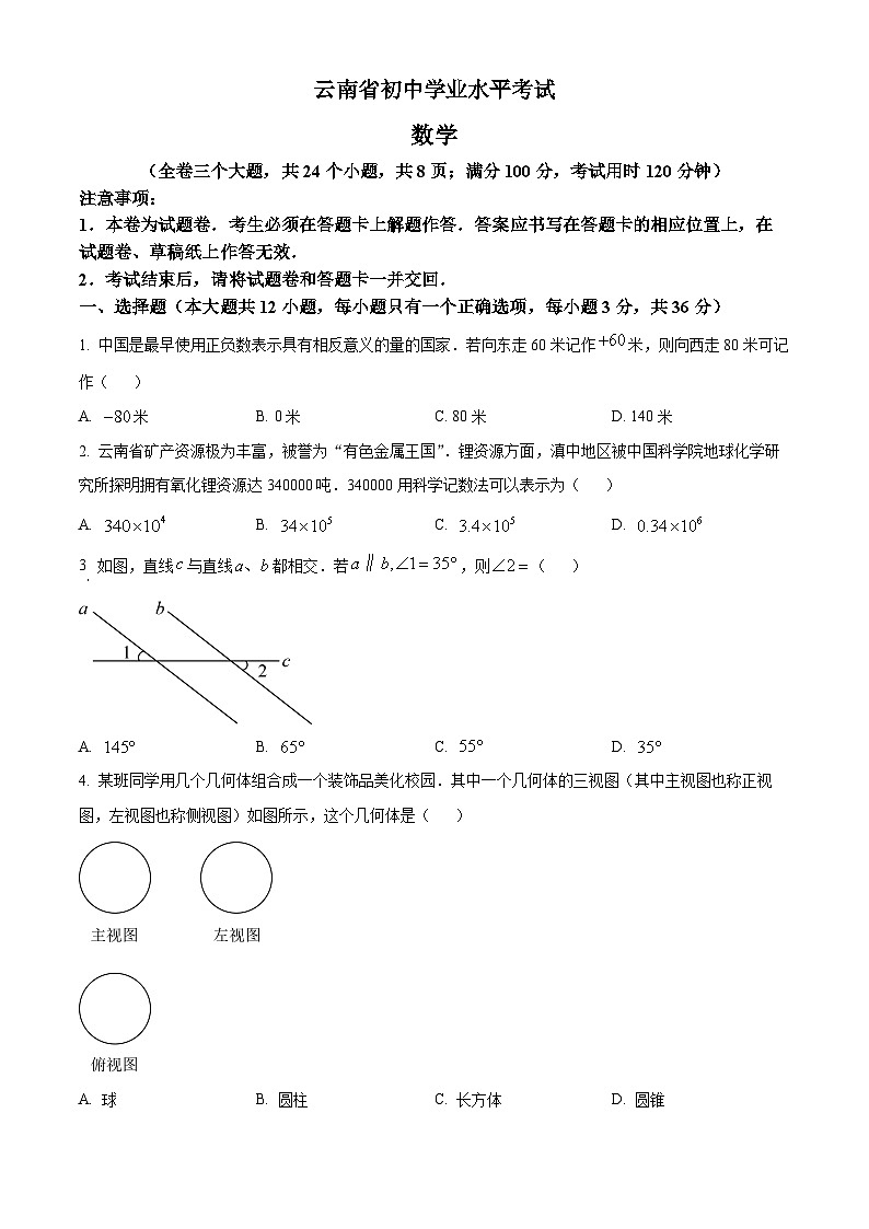 云南省中考数学真题（原卷版）第1页