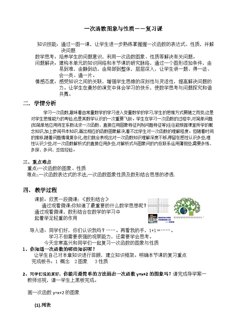【同步教案】北师大版数学八年级上册--第四章 一次函数 回顾与思考教案01