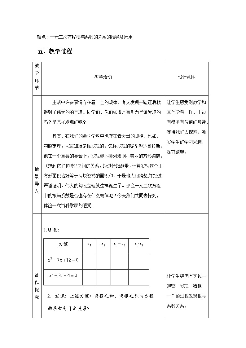 【同步教案】湘教版数学九年级上册--2.4 一元二次方程根与系数的关系  教案第2页