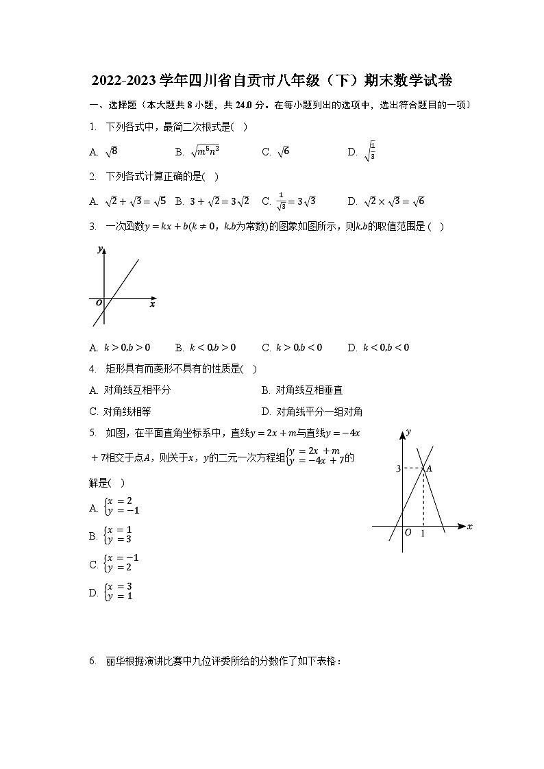 2022-2023学年四川省自贡市八年级（下）期末数学试卷（含解析）01