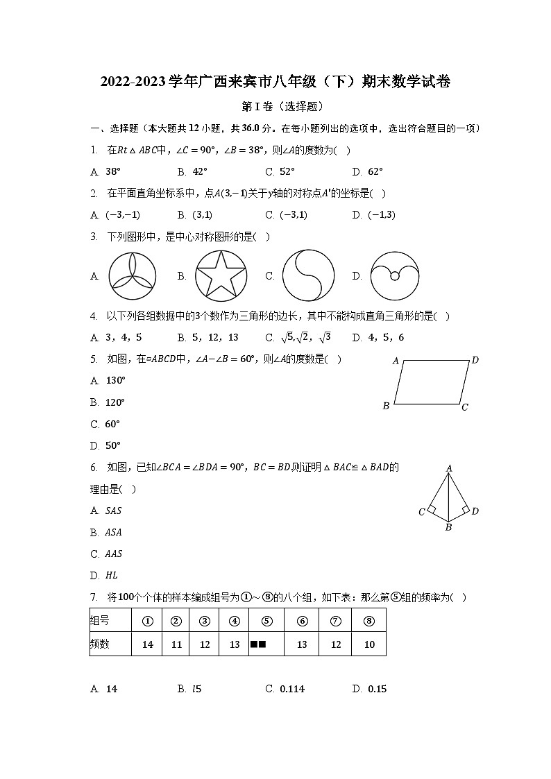 2022-2023学年广西来宾市八年级（下）期末数学试卷（含解析）第1页