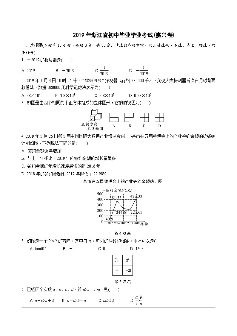 中考数学真题：2019浙江嘉兴01