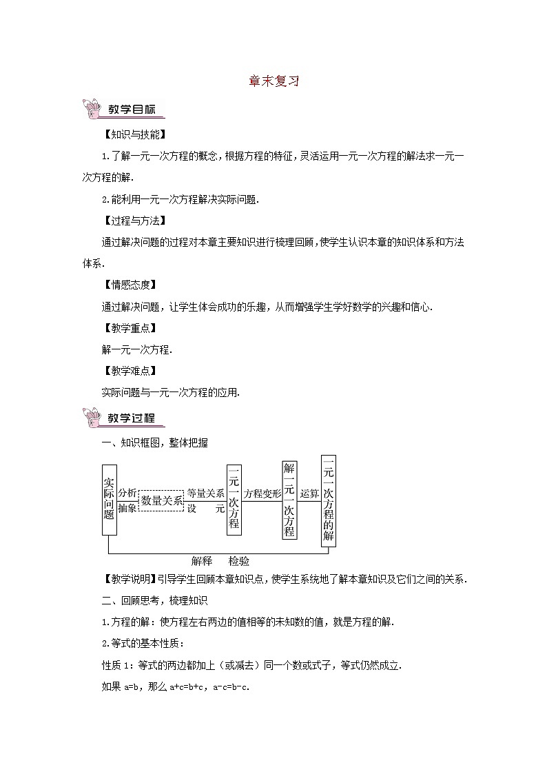 2023七年级数学下册第6章一元一次方程章末复习教案新版华东师大版01