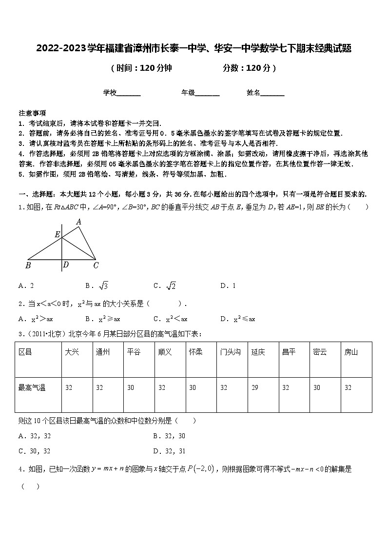 2022-2023学年福建省漳州市长泰一中学、华安一中学数学七下期末经典试题含答案01