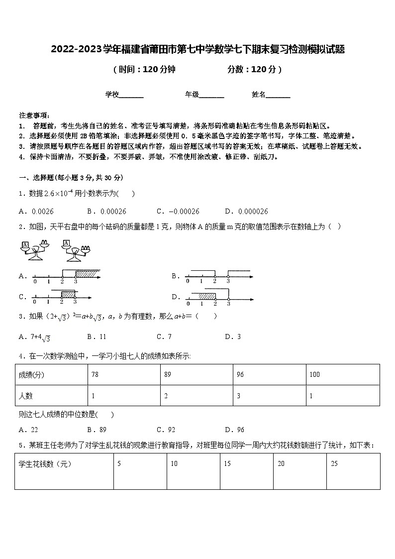 2022-2023学年福建省莆田市第七中学数学七下期末复习检测模拟试题含答案第1页