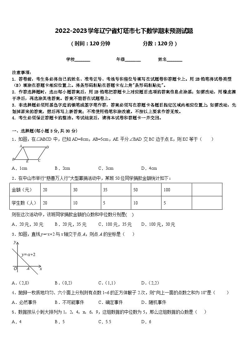 2022-2023学年辽宁省灯塔市七下数学期末预测试题含答案第1页