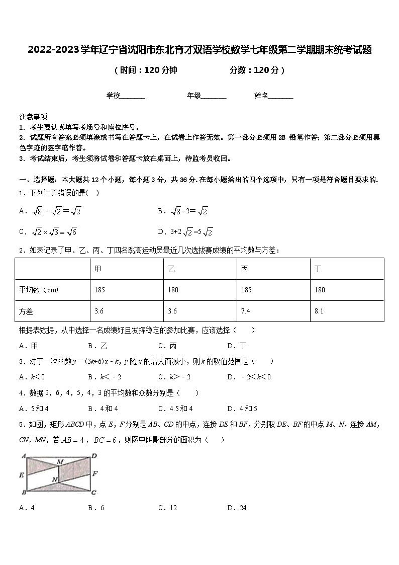 2022-2023学年辽宁省沈阳市东北育才双语学校数学七年级第二学期期末统考试题含答案第1页