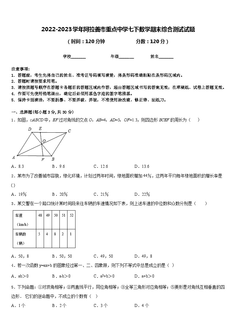 2022-2023学年阿拉善市重点中学七下数学期末综合测试试题含答案01