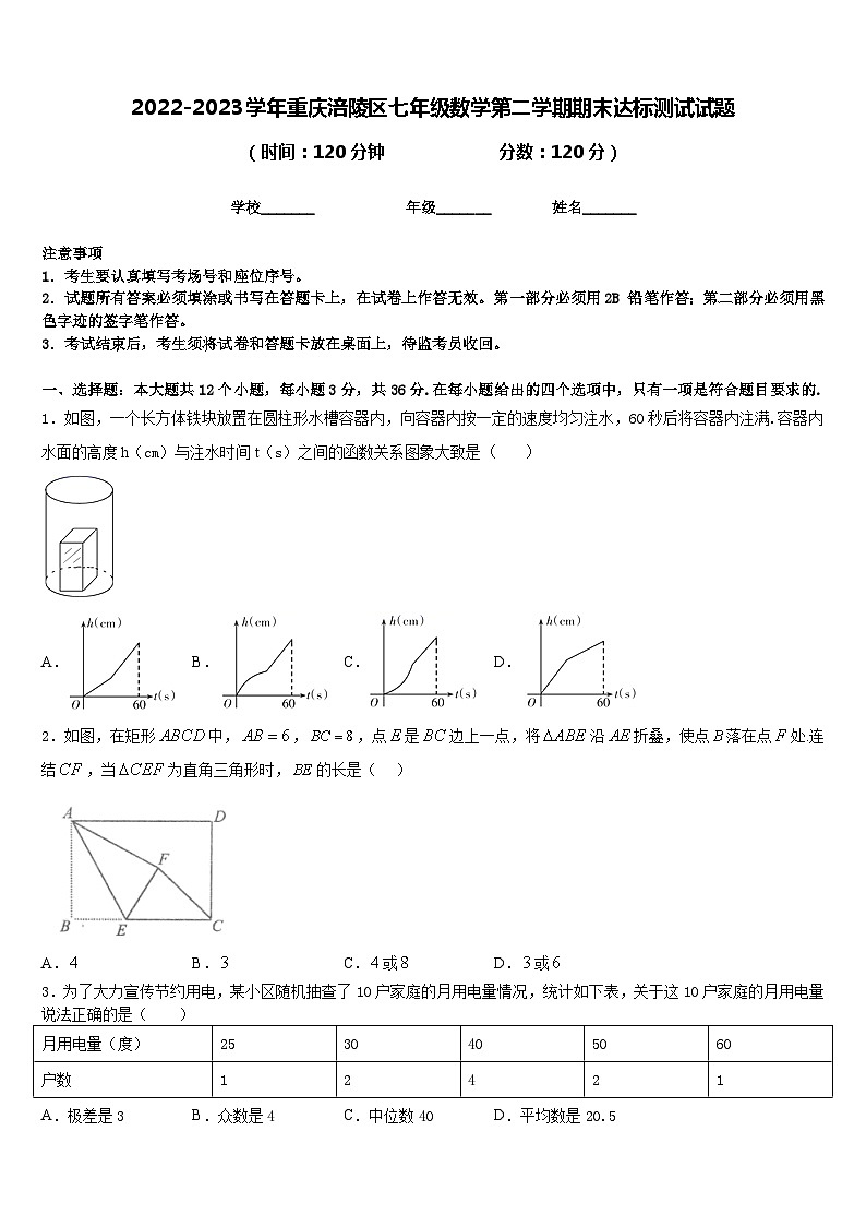 2022-2023学年重庆涪陵区七年级数学第二学期期末达标测试试题含答案第1页
